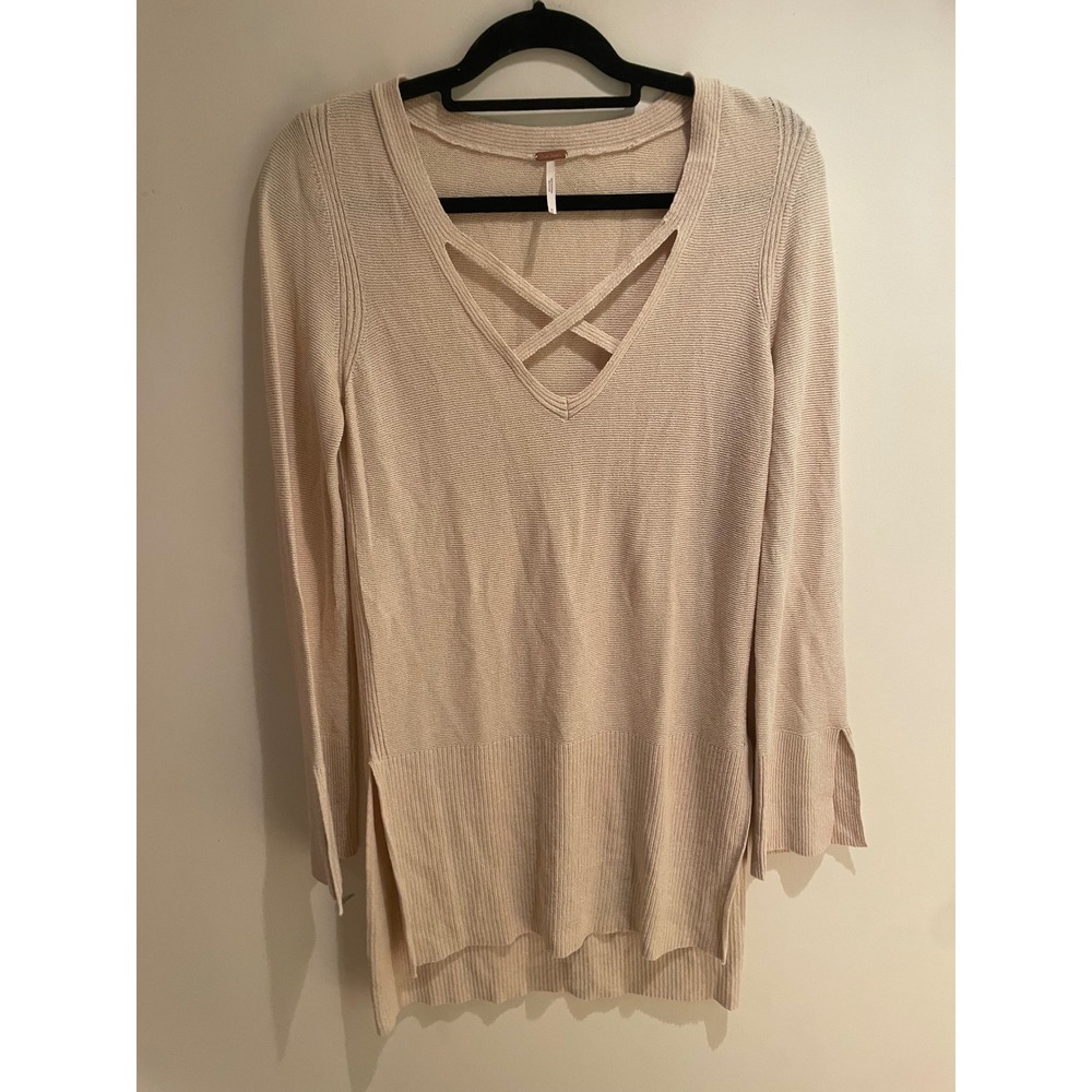 Free People Crisscross V-Neck Tunic Sweater Beige Ribbed Longline Size M - Picture 2 of 4